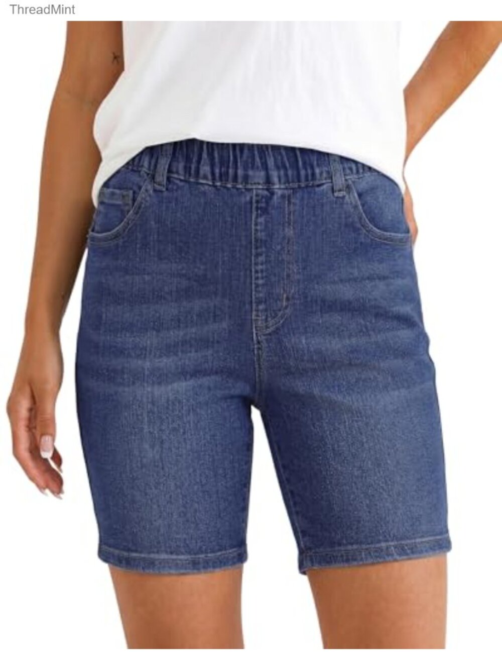Women's Pull-On Elastic Waist Denim Jean Shorts 7" Inseam Stretchy Casual